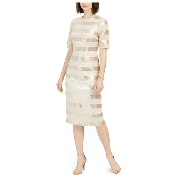 VINCE CAMUTO NEW $228 Sequin Stripe Midi Dress in Champagne Size 0 - Picture 1 of 3